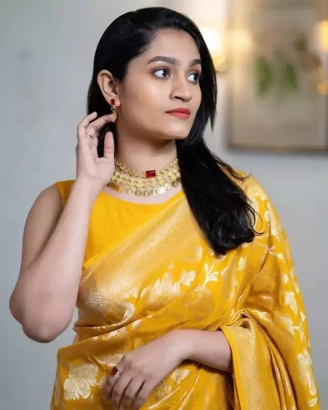 Yellow Traditional Banarasi Soft Silk Saree With Blouse