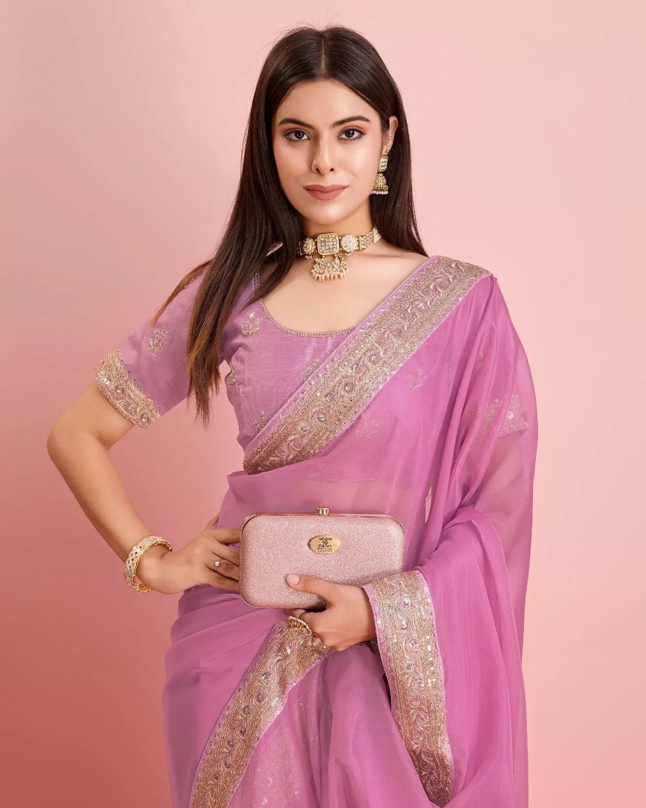 Tabby Silk Organza With Embroidery Lace Work Sari &  Blouse