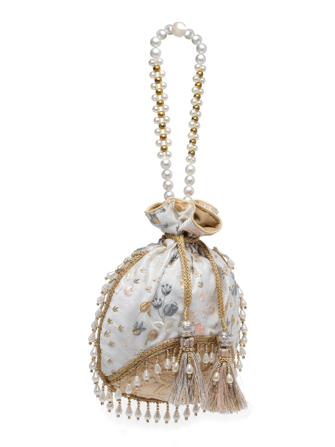 Droop Floral Embroidered Faux Silk Potli Bag