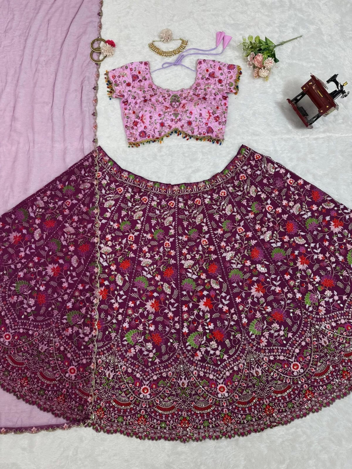 Georgette With Thread Sequence Work Lehenga Blouse & Dupatta