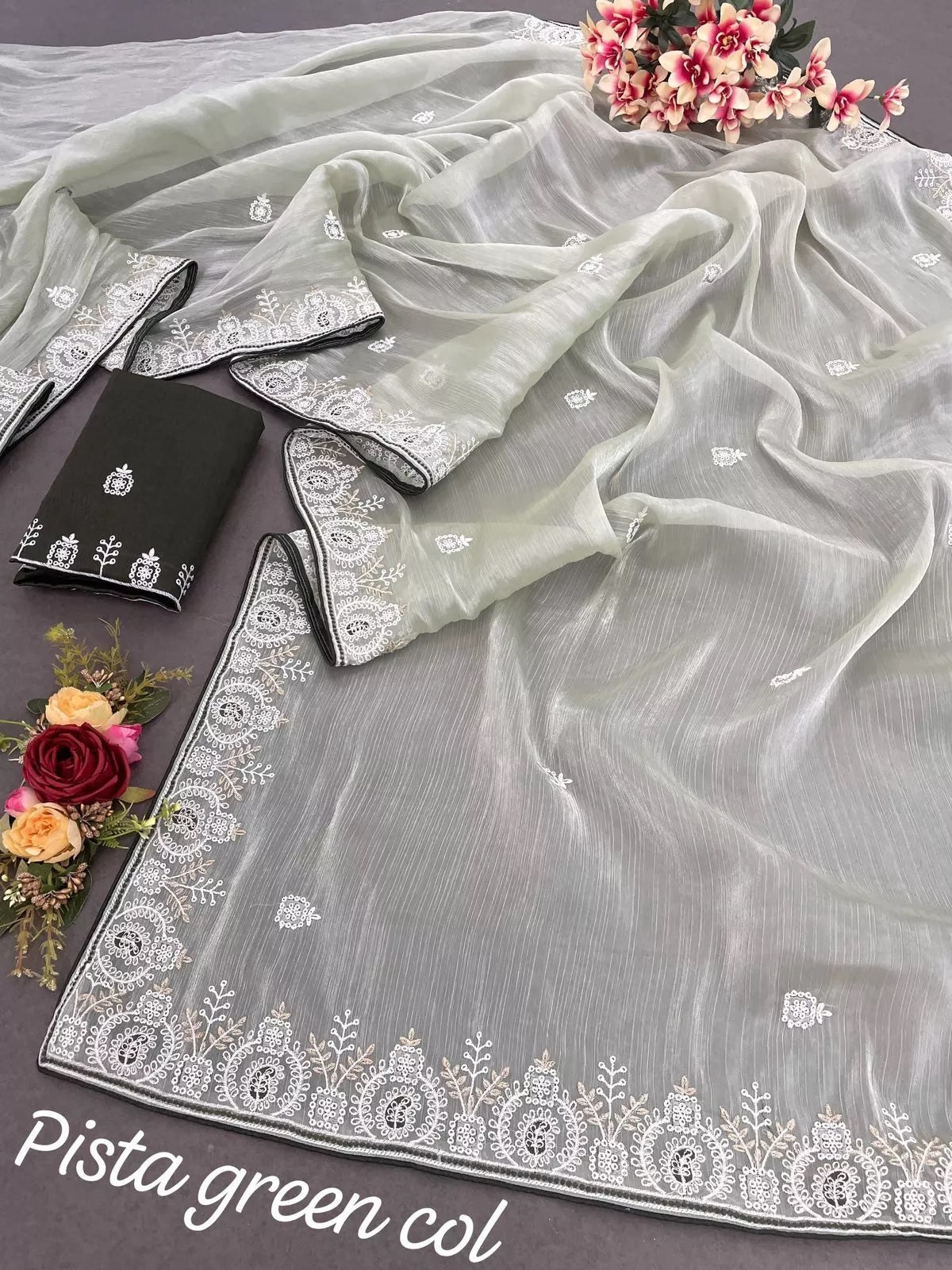 Barbari Silk Fabric With Embroidery Thread Work Designer Sari & Blouse