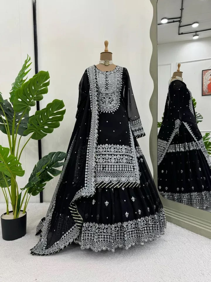 Bollywood Style Faux Georgette Top Sharara With Dupatta