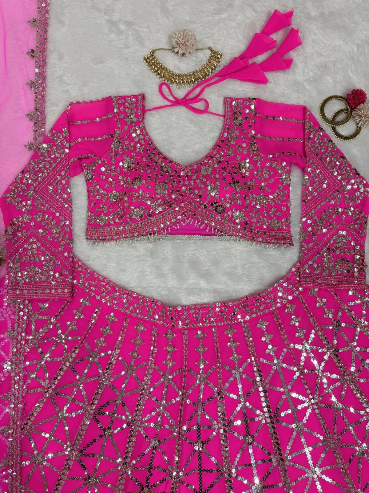 Pink Traditional Wedding Georgette With Thread Work Lehenga Blouse & Dupatta