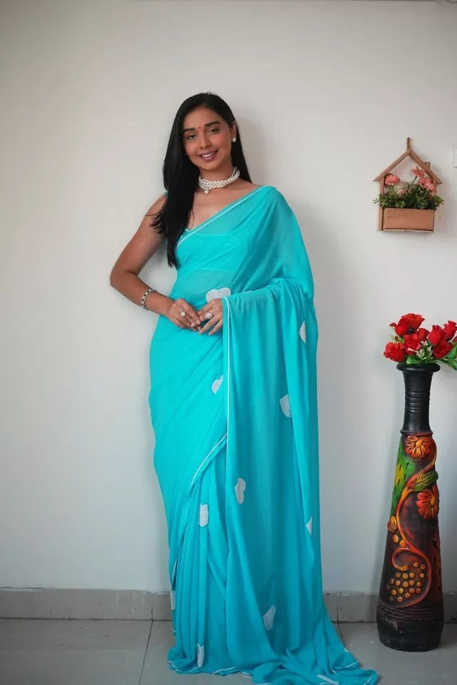 Georgette Embroidery Work Ready To Wear Sari With Blouse
