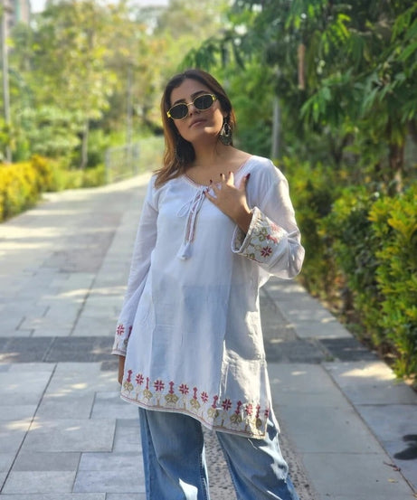 Short Stylish Heavy Rayon With Embroidery Work Printed Kurti