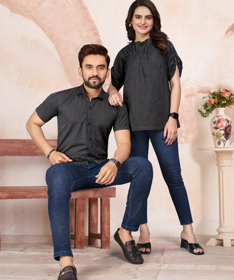 Pure Cotton Lining Pattern Tunic Top & Shirt Combo Set