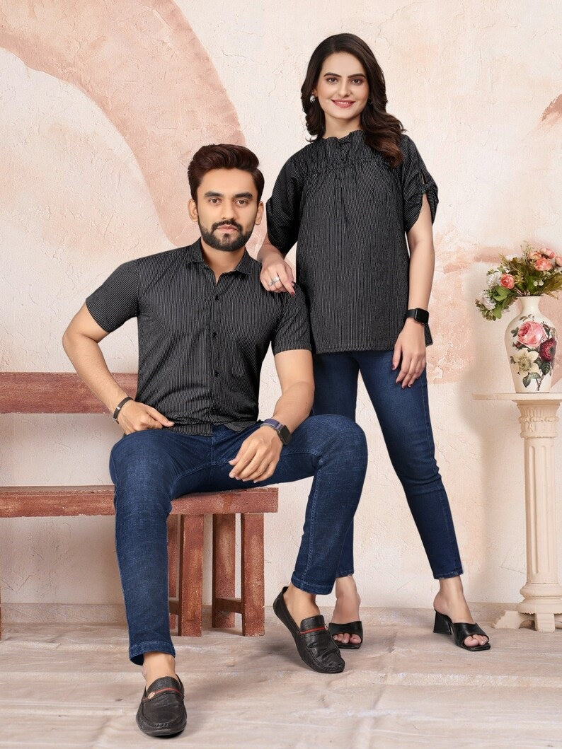 Pure Cotton Lining Pattern Tunic Top & Shirt Combo Set