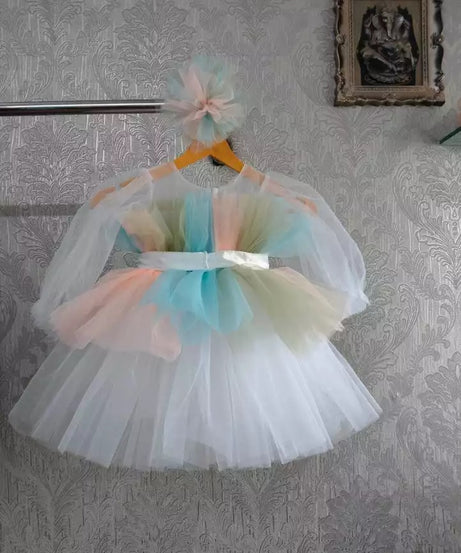 Little Girl's Net Full Flair With Multi Color Dress