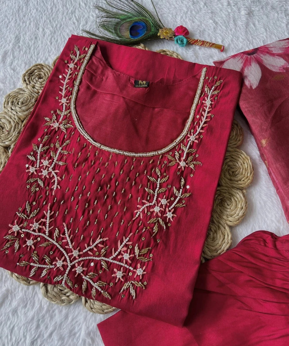 Premium Roman Silk Designers Kurti Pent Dupatta Set