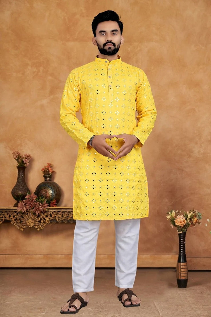 Men's Cotton With Embroidery Work Kurta Pajama Set