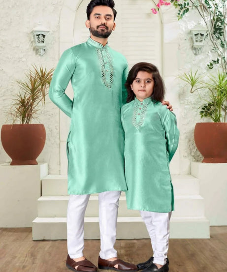 Silk Kurta Pajama Set For Men's & Kid's Combo Set
