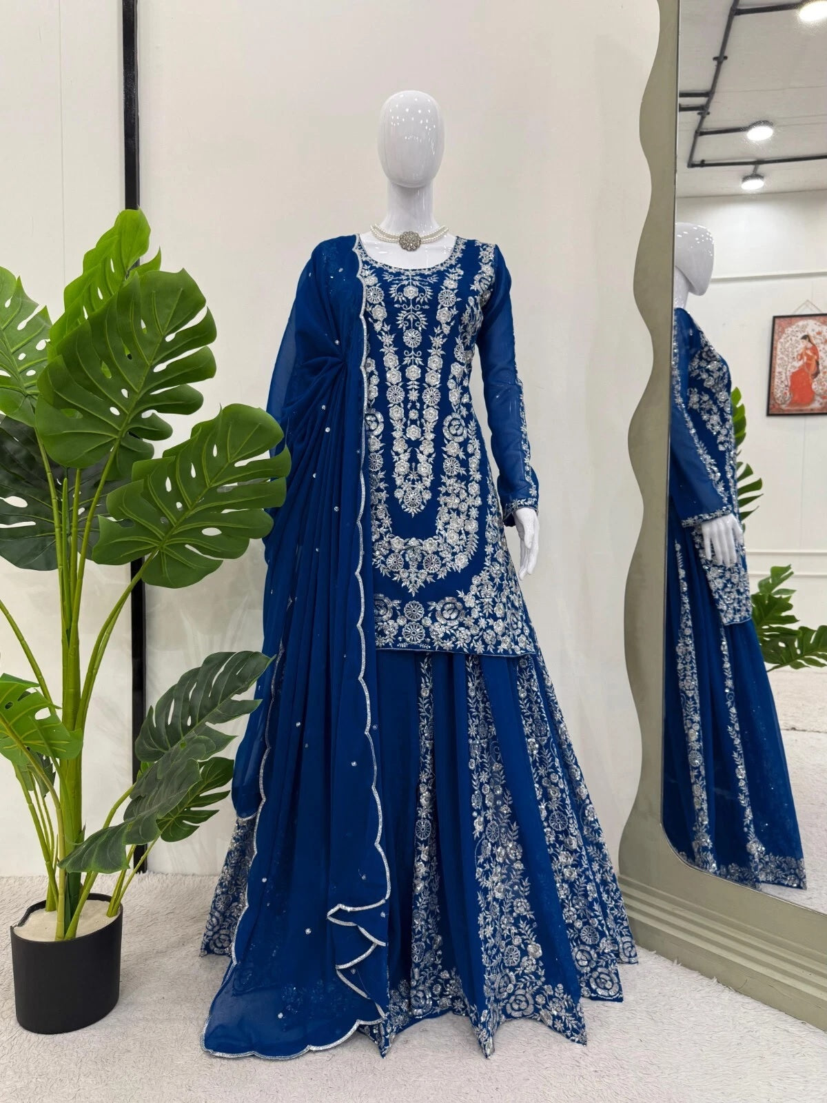 Full Stitched Faux Georgette Top Palazzo Dupatta