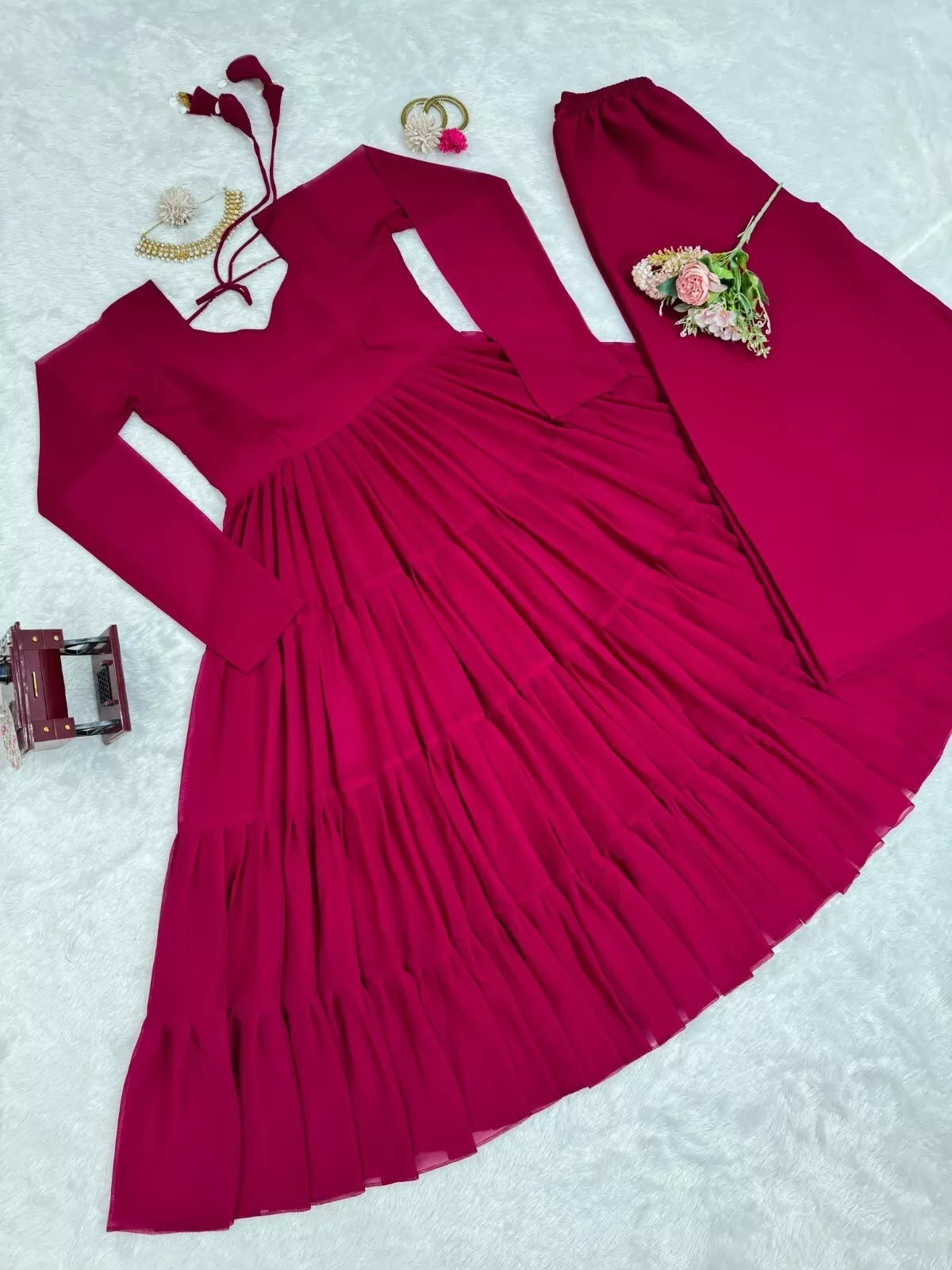 Stitched Faux Georgette Ruffle Style Anarkali Top Pant