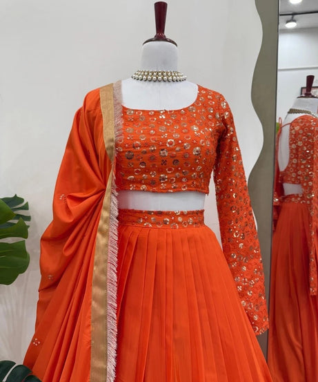 Orange Bollywood Wedding American Silk Lehenga Blouse & Dupatta 15-RTC