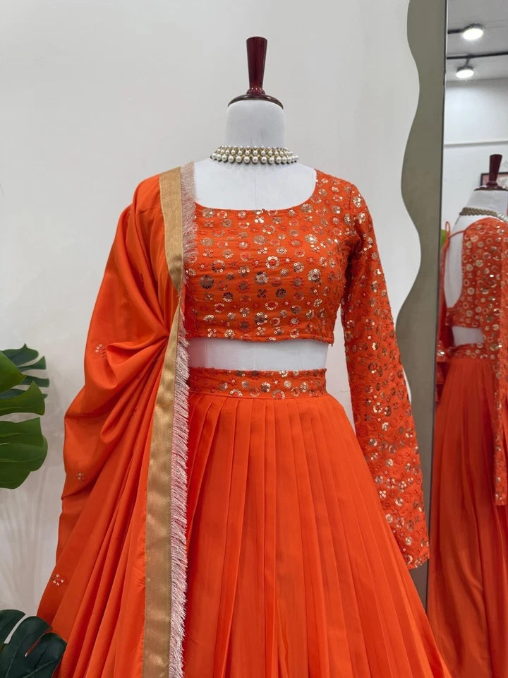 Orange Bollywood Wedding American Silk Lehenga Blouse & Dupatta 15-RTC