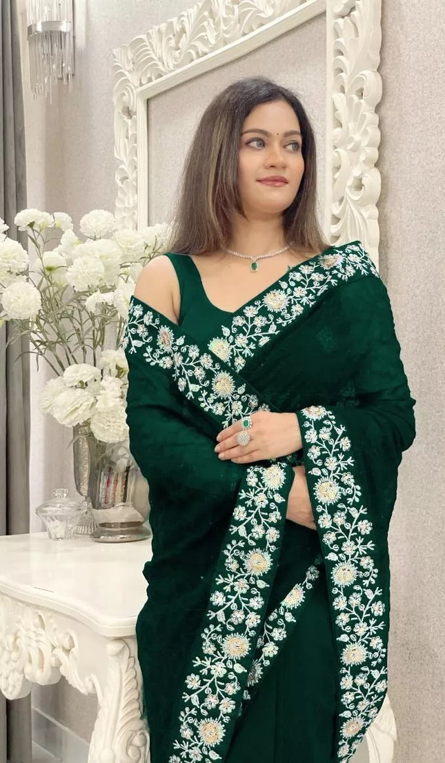 Party Wear Faux Georgette Saree, Indian Wedding Sari With Blouse