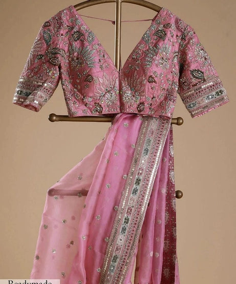 Pink Heavy Soft Tissue Organza Silk Saree, Wedding Wear Sari With Blouse