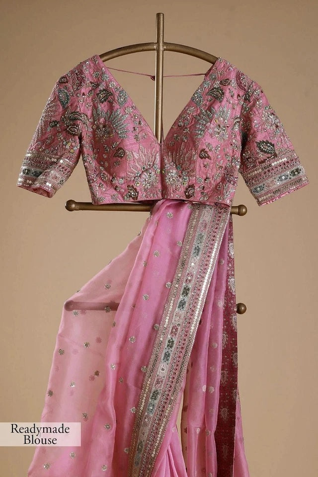 Pink Heavy Soft Tissue Organza Silk Saree, Wedding Wear Sari With Blouse