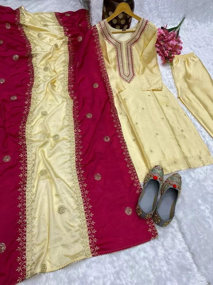 Heavy Pure Chinon Beautiful Traditional Full Stitched Kurti Bottom Dupatta