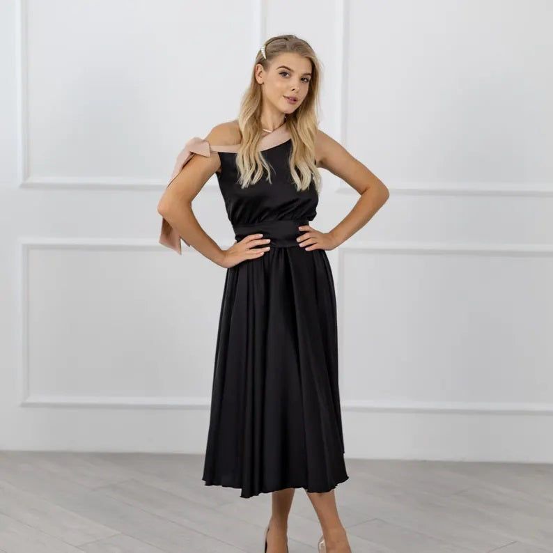 Satin Black Bridesmaid Dress - One Shoulder Satin Dress