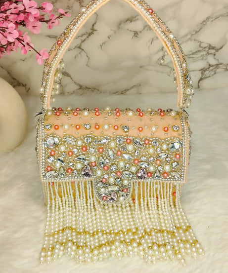 Designer Crystal and Pearl Work Flap Clutch