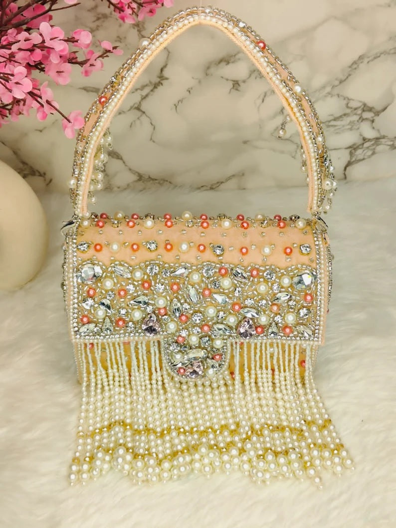 Designer Crystal and Pearl Work Flap Clutch