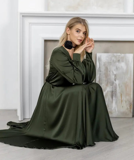 Olive Green Bridesmaid Dress V-Neck Satin Dress