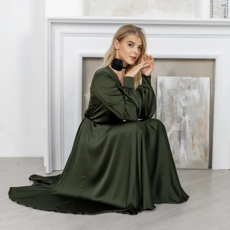 Olive Green Bridesmaid Dress V-Neck Satin Dress
