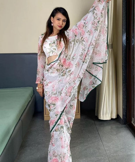 Pure Soft Georgette Silk Ready To Wear Sari With Blouse