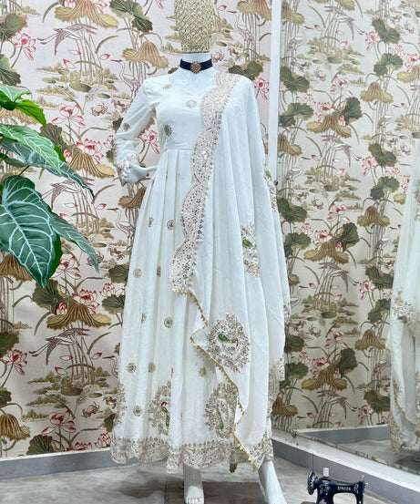 Chinon With Embroidery Sequence Work Anarkali Gown With Dupatta