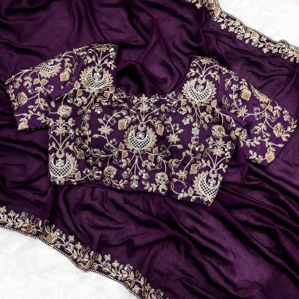 Two Tone Vichitra Silk  Multi Thread Embroidery Work Saree With Blouse