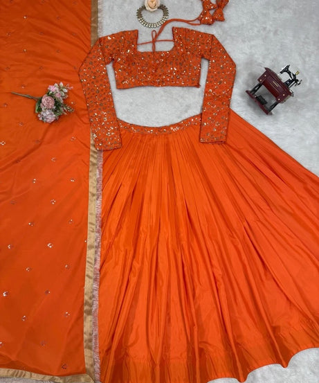 Orange Bollywood Wedding American Silk Lehenga Blouse & Dupatta 15-RTC