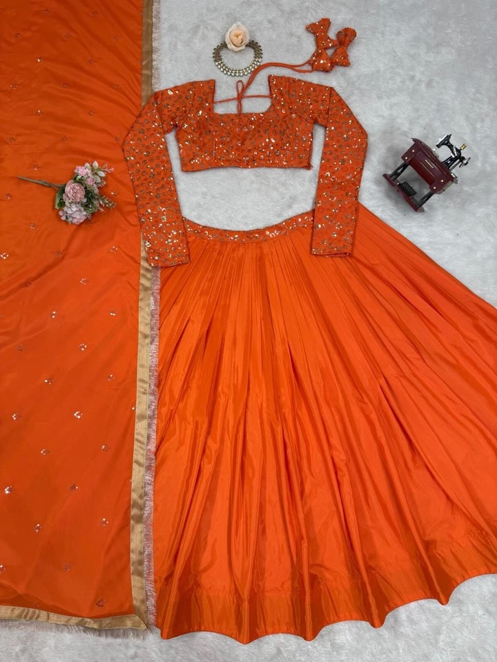 Orange Bollywood Wedding American Silk Lehenga Blouse & Dupatta 15-RTC