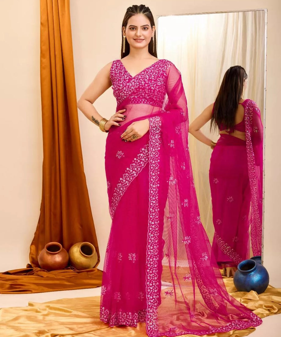 Soft Net  3MM Sequence Embroidery Work Saree & Blouse