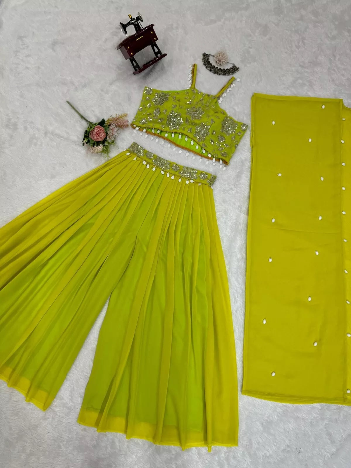 Georgette Sequence & Kodi Lace Border Choli Sharara With Koti