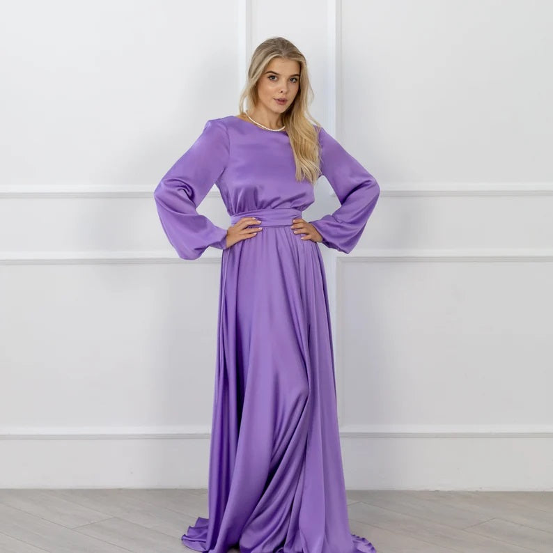 Purple Wedding Guest Dress Open Back Dress Long Slit Dress