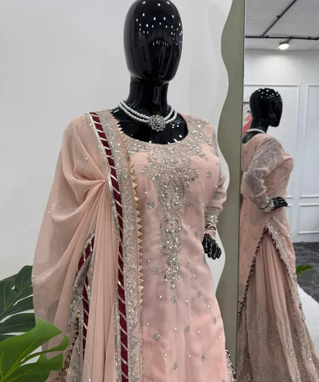 Indian Wedding Special Ethnic Stitched Faux Georgette Top Sharara Dupatta