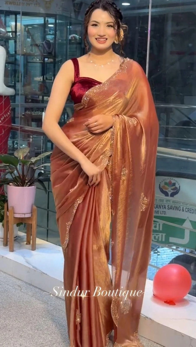 Heavy Soft Fandy Sattin Silk Saree, Siroski Work Sari With Blouse