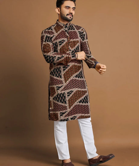 Men's Soft Cotton Foil Print Designer Kurta Pajama Set
