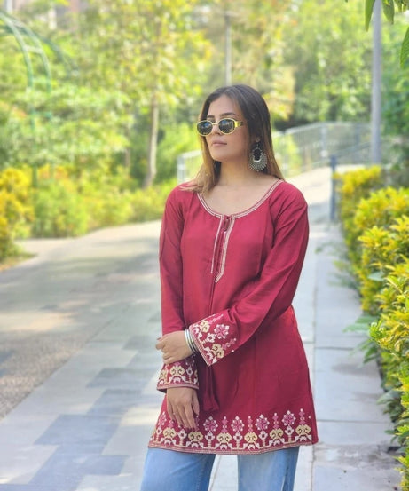 Short Stylish Heavy Rayon With Embroidery Work Printed Kurti
