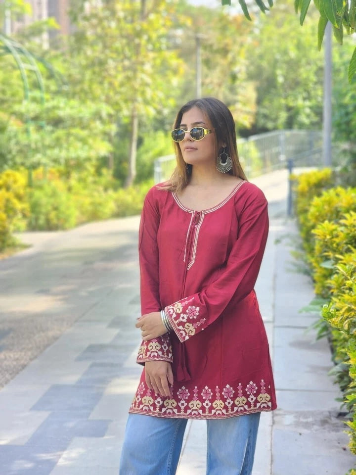 Short Stylish Heavy Rayon With Embroidery Work Printed Kurti