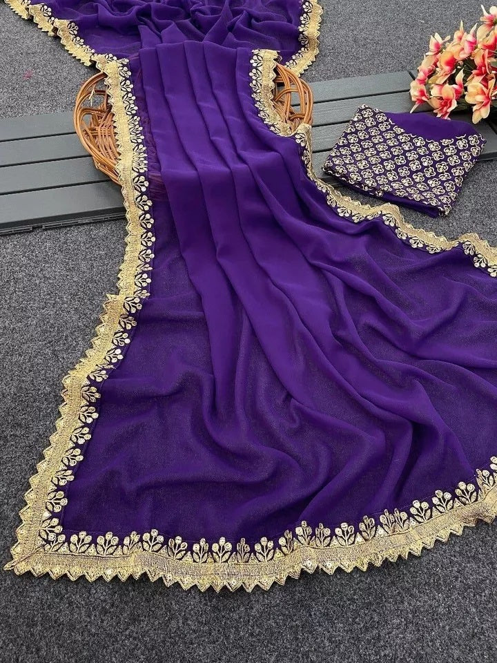 Georgette Wedding Saree & Blouse,Party Function Wear Sari & Blouse