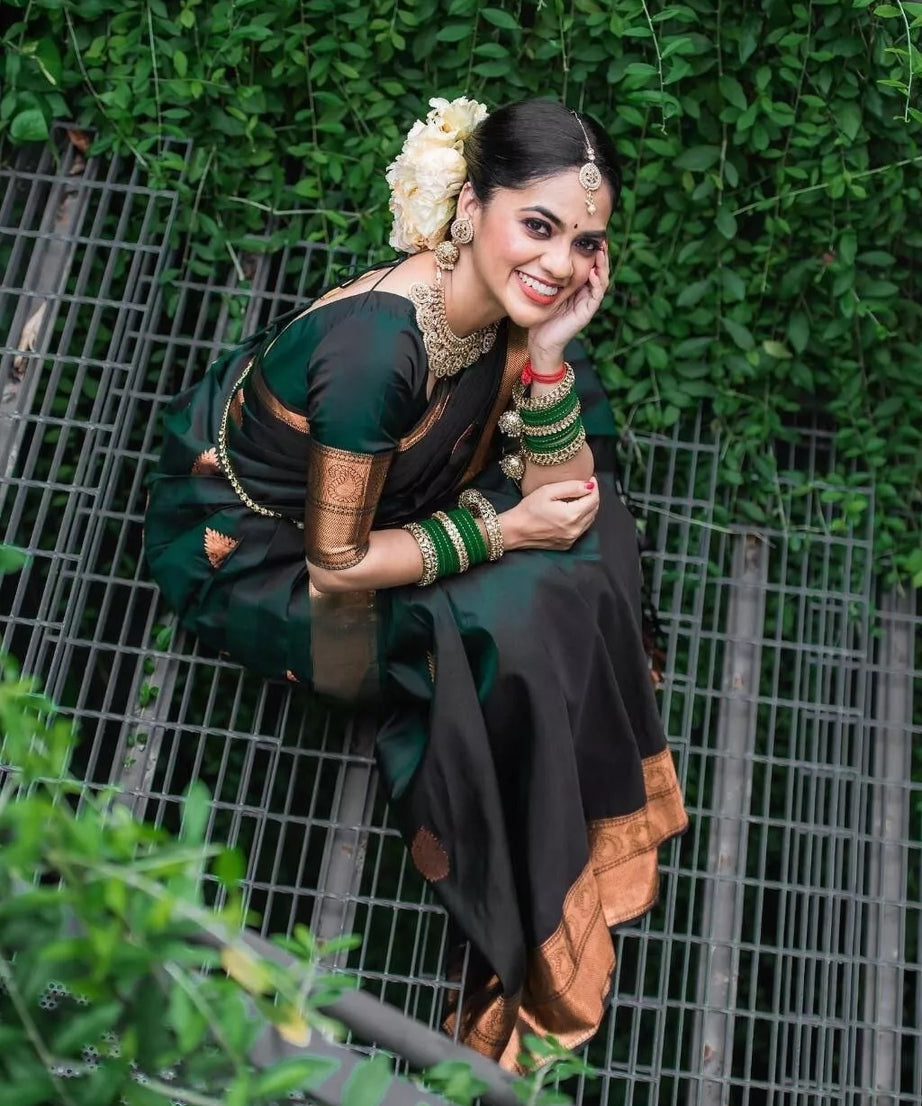Dark Green Soft Lichi Silk Indian Beautiful Saree Blouse