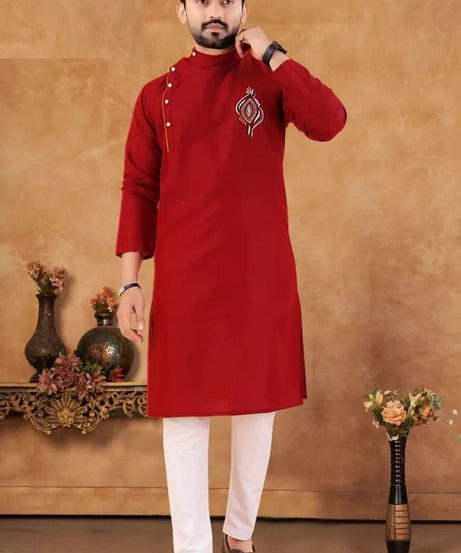 Men's Slub Cotton Kurta Pajama Set, Traditional Wedding Wear Long Kurta Set