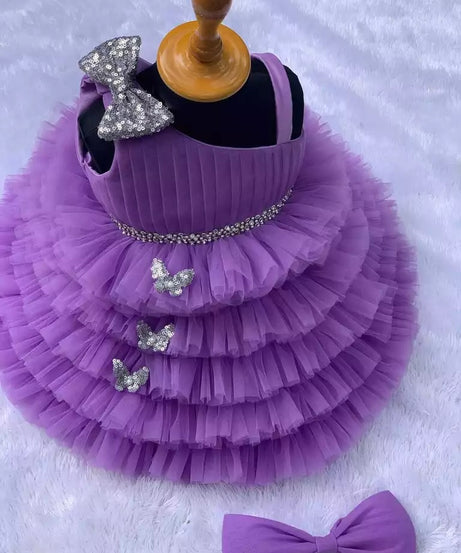Lovely Sequins Bow and Diamond Belt Net Frock for Baby Girls