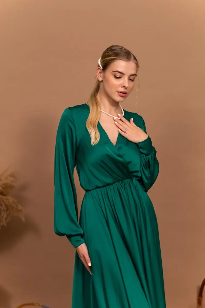 Satin Open Back Dress Emerald Green Evening Dress