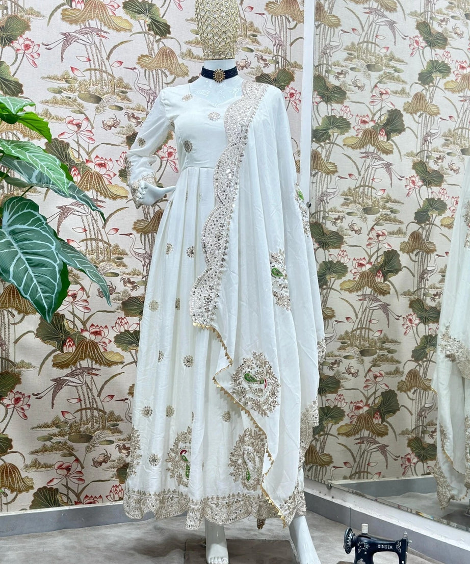 Traditional Designer Chinon Full Stitched Long Anarkali Gown With Dupatta