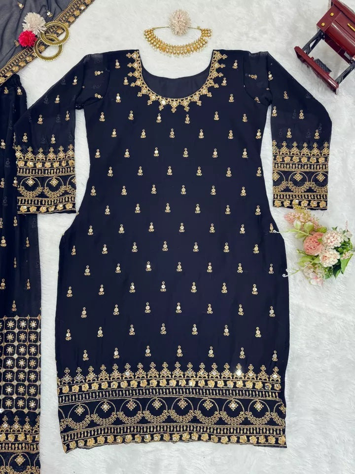 Faux Georgette With Thread & 9MM Sequence Work Top Palazzo & Duppata