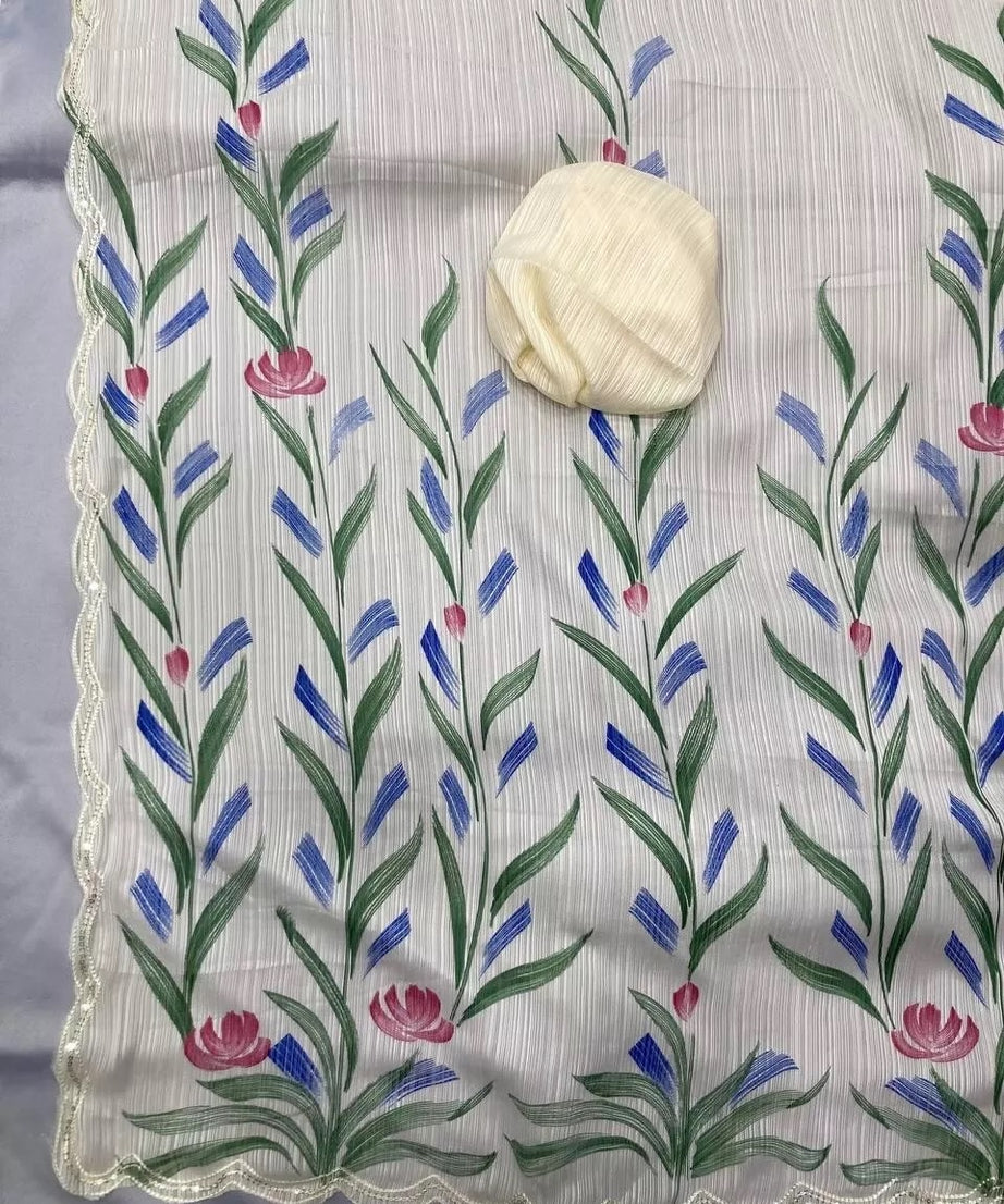 Indian Ethnic Wear Moss Chiffon Saree With Blouse, Traditional Sari