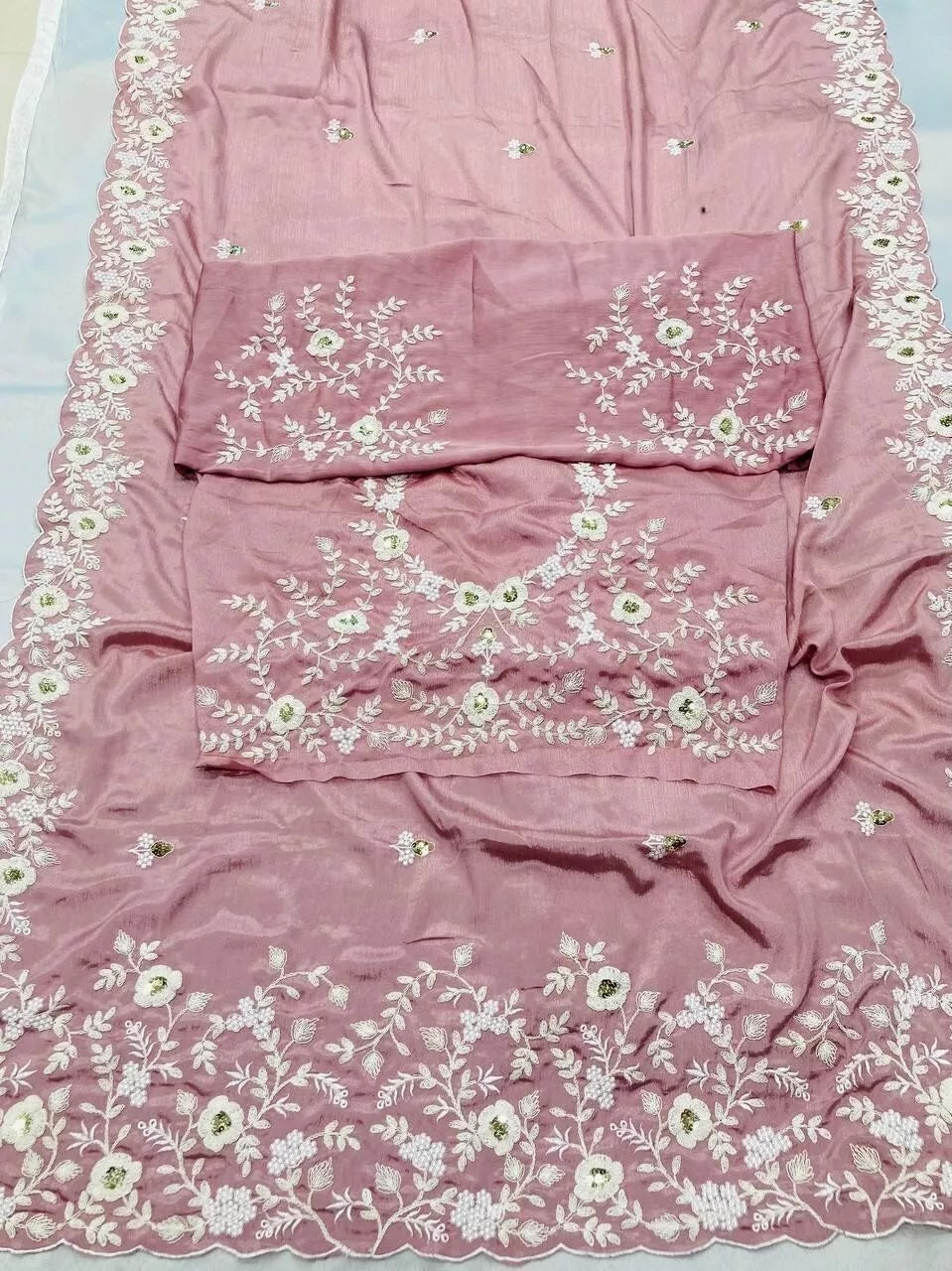 Pink Pure Chinon Silk With Embroidery Work Sari & Blouse